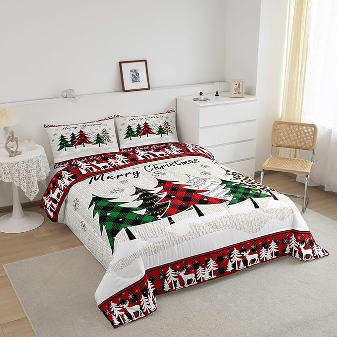 Manfei Xmas Trees Comforter Set Twin Size, Merry Christmas Bedding Set 2pcs for Kids Boys Girls Room Decor, Pine Trees Snowflake Deers Down Comforter Soft Polyester Quilt Set with 1 Pillowcase
