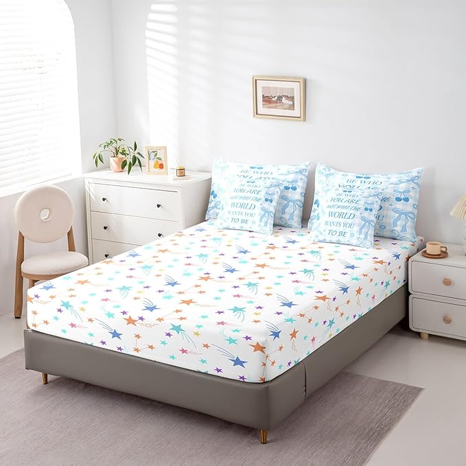 7 Pieces Blue Bowknot Comforter Set King,Cartoon Cherry Stars Daisy Flowers Princess Bedding Set,Bow Geometric Plaids Patchwork Dreamy（Comforter+Fitted+Flat Sheet+2 Pillowcases+2 Throw Pillow Covers）