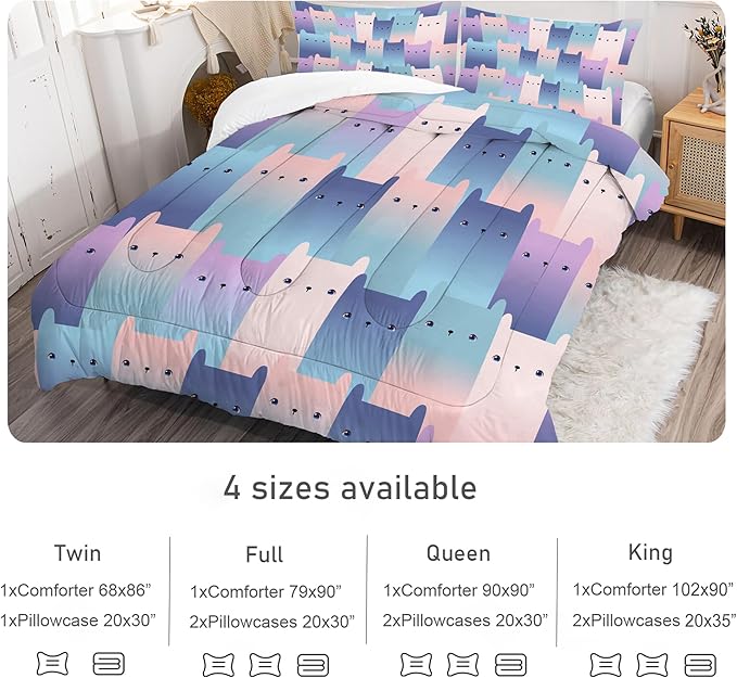 Cat Comforter Set King: Blue Purple Kawaii Cats Bedding Set for Women Men Adults King Size Gradient Cat Quilts Cute Pink Kitten Bed Sets 1 Comforter & 2 Pillowcases