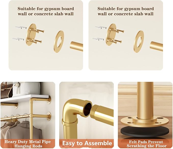 Industrial Pipe Clothing Rack, Wall Mounted Clothes Rack Gold Clothing Rack with Shelf Wardrobe Multi-Purpose Storage Clothes Hanging Shelf-59''L Gold