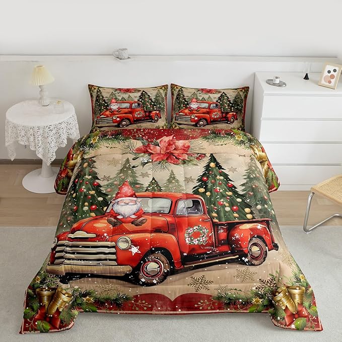 Manfei Red Truck Comforter Set Twin Size, Xmas Trees Santa Claus Snowflake Bedding Set 2pcs for Kids Boys Girls Room Decor, Christmas Theme Down Comforter New Year Quilt Set with 1 Pillowcase