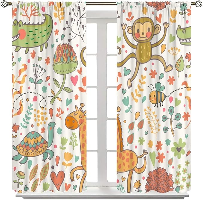Cute Monkeys Curtains, Zoo Theme Cartoon Funny Animals Crocodile Giraffe Turtle with Flowers Print Thermal Insulation Window Drapes for Kids Boys Girls Baby Bedroom Living Room 55x63in