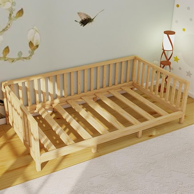 Montessori Floor Bed Designed with Open Front and Footed model for Girls and Boys | Pine Wood Natural Solid Frame Beds with Slats | Sturdy Designed Floor Bed Frame for Kids (Queen, Height : 23 Inches)