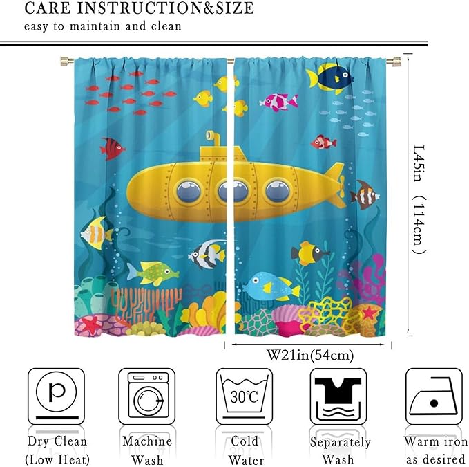 Boy Window Curtains Submarine Window Drapes Yacht Window Treatments Underwater World Oasis Thermal Drapes for Kids Girls Toddler Teens Room Dorm Decor Set 2 Panels,42x45 Inches, Style-1
