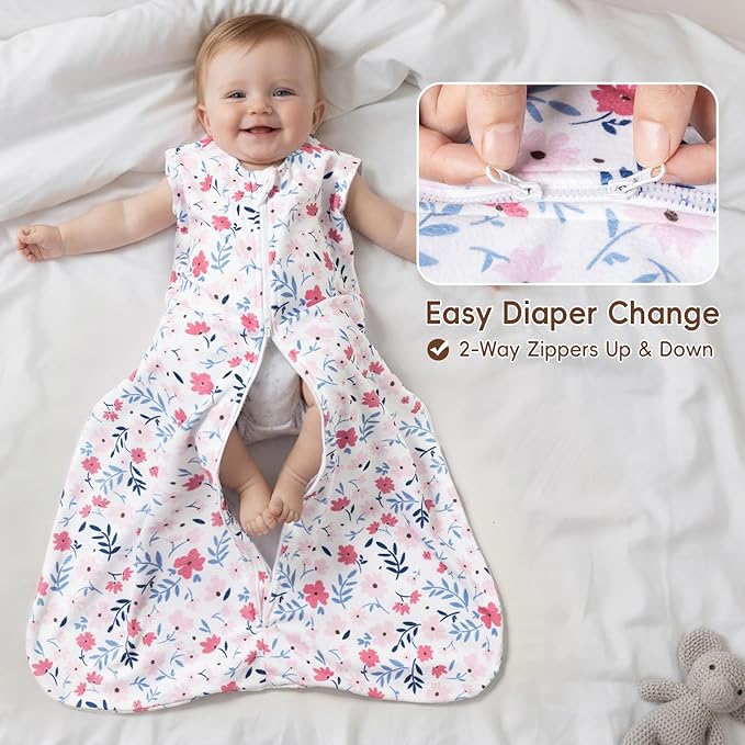 david's kids 3 Pack Warm Micro Fleece Baby Sleep Sack 12-18 Months, Soft Baby Wearable Blankets with 2-Way Zipper, Comfy Winter Sleeping Bags for Toddler Girls Neutral, Large Size, Floral