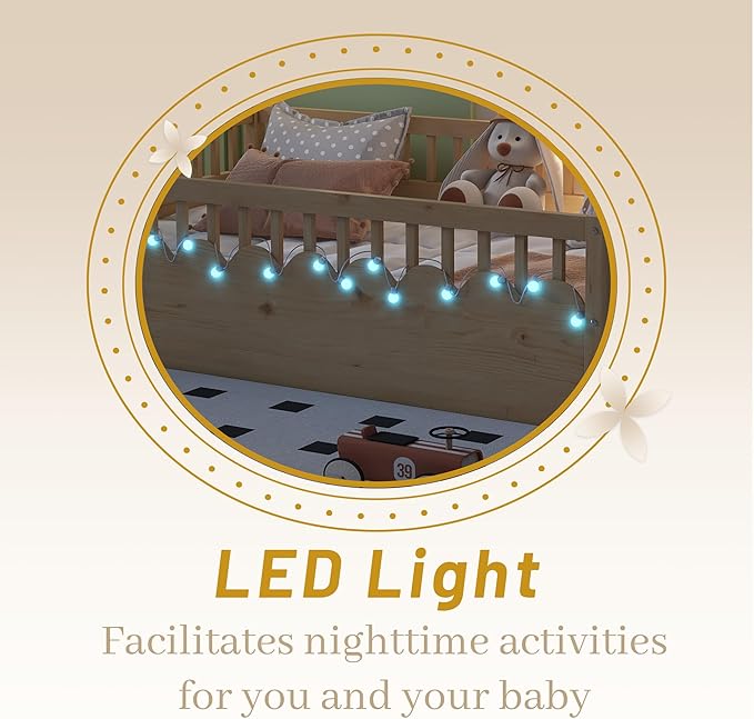 Montessori Floor Bed Full for Kids, Full Size Floor Bed with High Rails & Storage Shelf, Wood Baby Floor Beds with LED Light for Boys & Girls, Natural