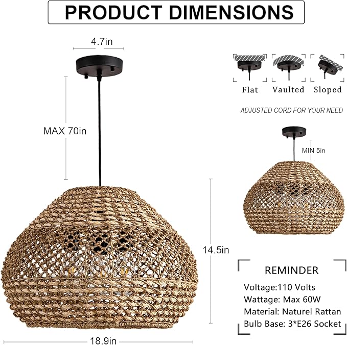 19 Inch Rattan Chandelier Large, 3-Light Round Farmhouse Rattan Chandelier Dome Light Fixtures Ceiling for Living Room Dining Room Bedroom Kitchen Island Restaurant