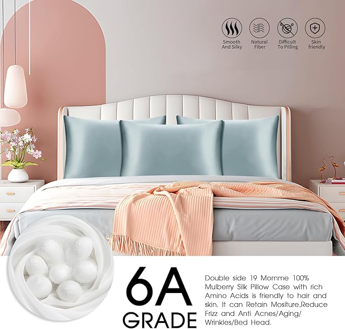 100% Mulberry Silk Pillowcase for Hair and Skin,Both Sides Natural Silk Bed Pillow Case with Hidden Zipper,19 Momme Grade 6A,1pc,Pale Blue,Standard Size 20x26 Inches