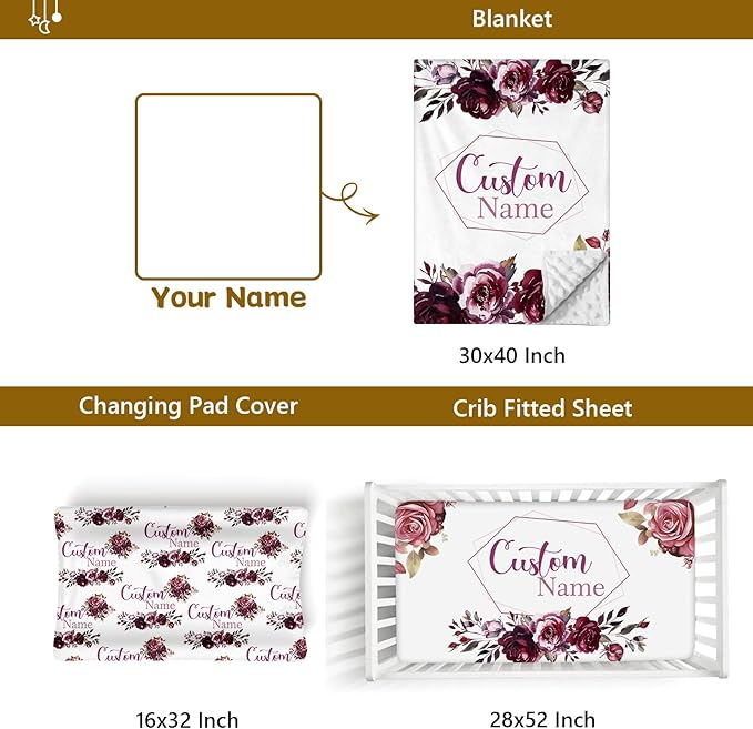 Custom Name Crib Bedding Set, 3 Pcs Personalized Baby Crib Bedding Set, Soft Red Rose Nursery Crib Sets for Boys Girls, Double Layer Toddler Bedding Set Customized Gifts for Newborn Kids