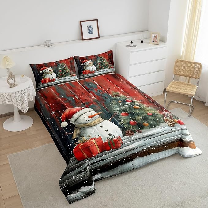 Merry Christmas Bedding Set Full Size,Snowman Christmas Tree Comforter Set for Kids Boys Girls Room Decor,Snowflake Winter Theme Duvet Insert 3Pcs,Retro Rustic Barn Stripes Quilt Set,2 Pillowcases