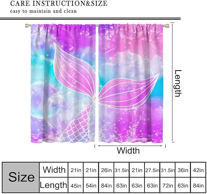 Suitable for Girls Mermaid Curtains, Rainbow Pink Purple Mermaid Tail Fish Scales Fantasy Ocean Print Curtains for Living Room Children Baby Room Nursery, 52x84 Inches