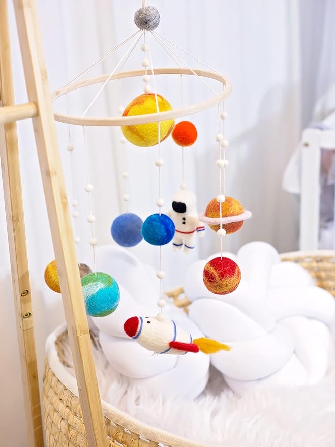Glaciart One Space Nursery Felt Mobile - Colorful Decor for Crib, Baby Rooms - Handmade, Child-Safe Wood, Felt Wool & Cotton - Solar System Decoration for Girls & Boys - 10x20Inch