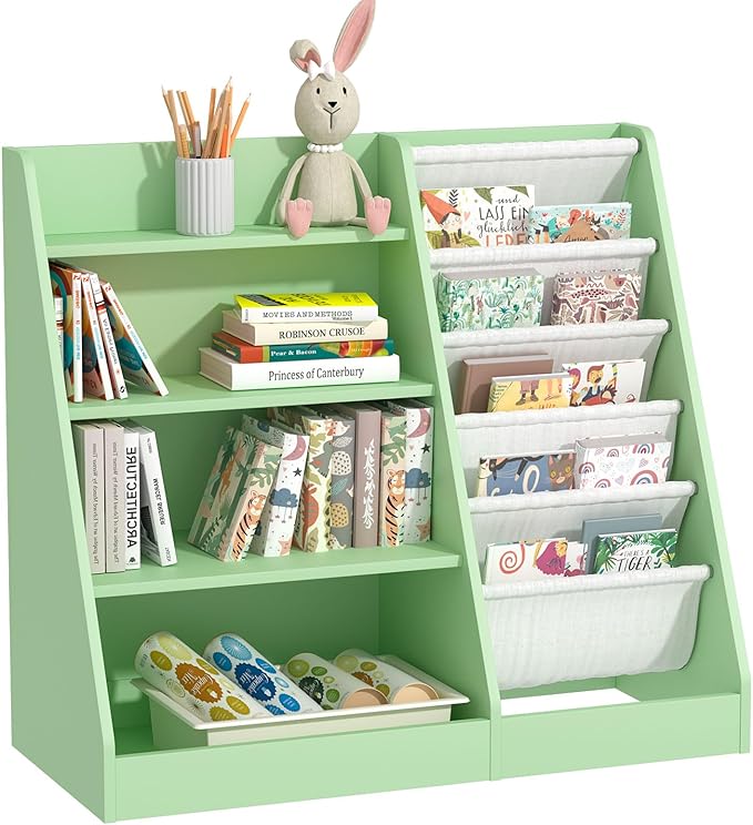 NACHES Montessori Kid Bookshelf Toddler Bookcase Cabinet Children Book Rack Display Toy Storage Organizer 4 Tier 5 Sling Deep Sleeves Classroom Bedroom Nursery Playroom Wood (Green)