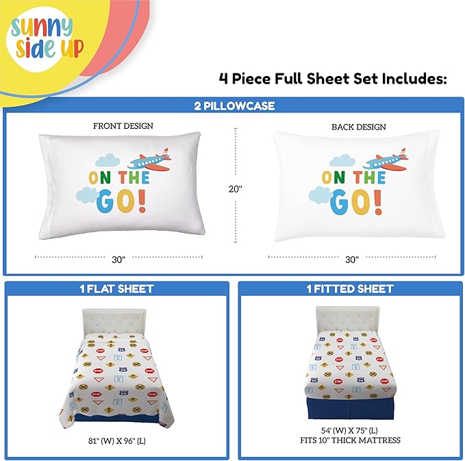 Sunny Side Up On The Go Full Sheet Set - 4 Piece Kids Bedding Set Includes Pillow Cover - Super Soft Vehicles Microfiber Sheets