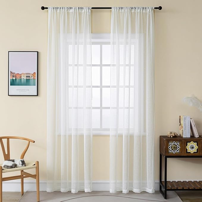 Off White Sheer 90 Inch Curtains 2 Panels, 50 Inches Width, Linen Look Transparent Curtain, Rustic Textured Light Filtering Drapes, Long Rod Pocket Window Treatments
