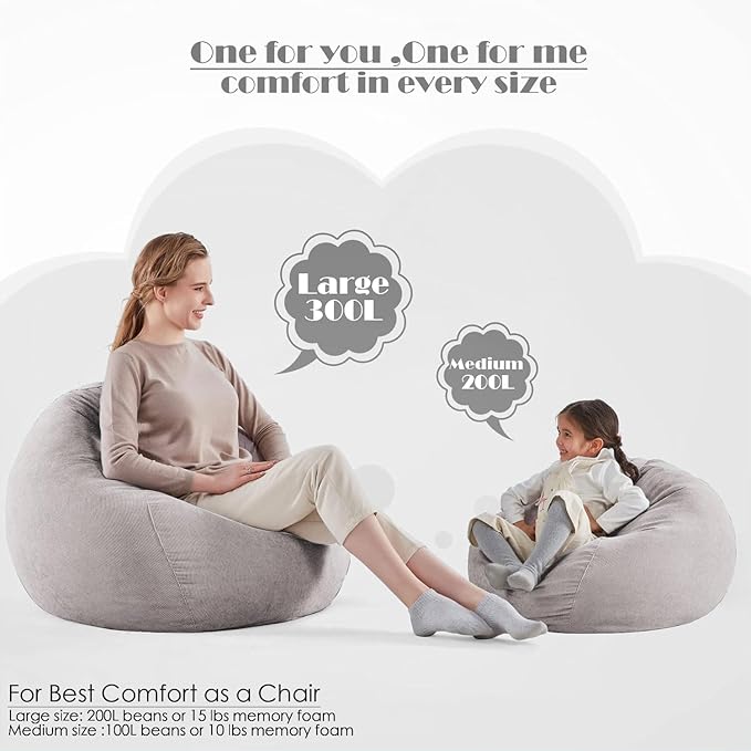 Nobildonna 3 ft Bean Bag Chair Cover (No Filler) 35"×43" Large Stuffed Animal Storage Bean Bag Washable Big Beanbag Chair Cover Premium Corduroy Bean Bag Cover for Adults,Kids,Light Grey 300L