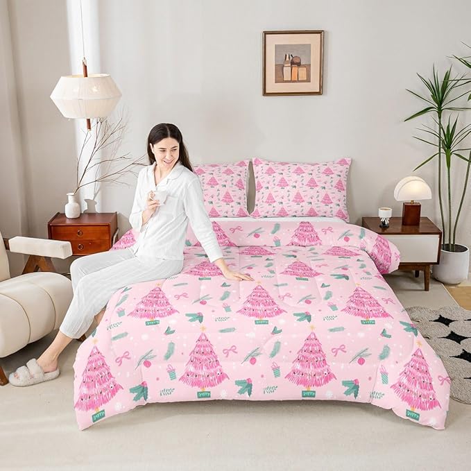 Feelyou Christmas Tree Comforter Set All Season Merry Christmas Bedding Set with 2 Pillow Cases Happy New Year Microfiber Kids Queen Bedclothes Xmas Bedroom Decor Duvet Quilt Soft Lightweight
