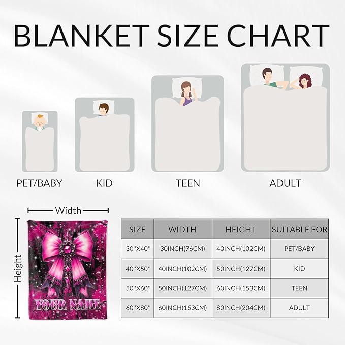 Personalized Girls Blanket Gifts Bow Blankets for Adults, Women - 60" x 80" Plush Flannel Preppy Throws for Couch, Bedroom