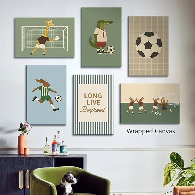 Soccer Posters, Nursery Animal Sports Posters, Long Live Boyhood Inspirational Quote Print, Football Athletes Giraffe Rabbit Crocodile Pictures, Boys Bedroom Sports Artwork 16x24in Unframed