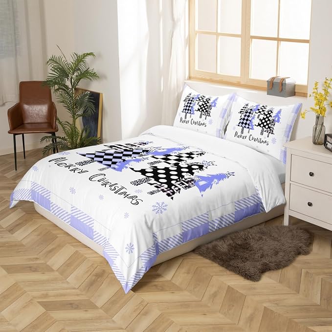 Manfei Xmas Trees Duvet Cover Set King Size, Blue Plaid Grid Snowflake Bedding Set for Kids Girls Boys Room Decor, Christmas Theme Comforter Cover New Year Quilt Cover with 2 Pillowcases, No Comforter