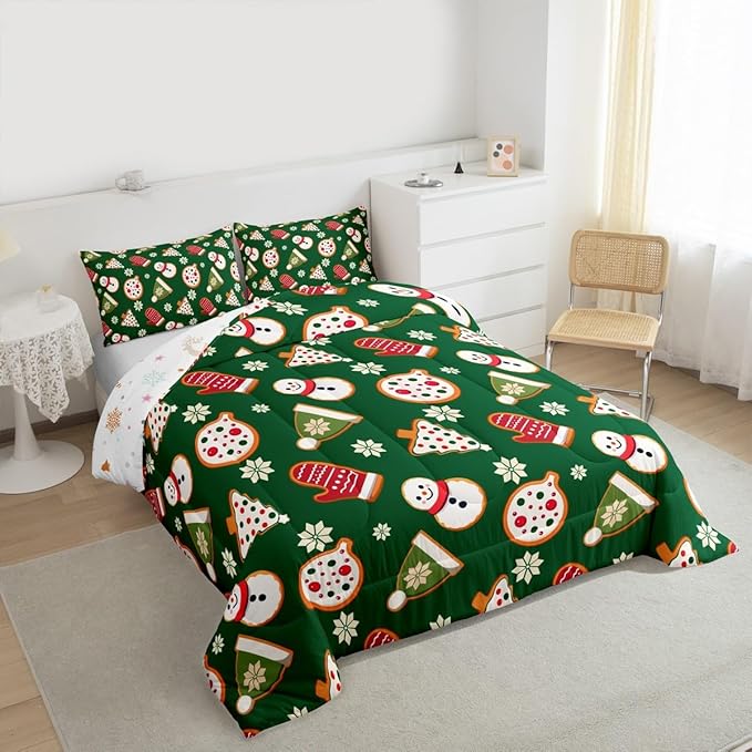 Feelyou Merry Christmas Comforter Set Full Size Snowman Bedding Set for Kids Boys Girls Gloves Cookies Duvet Quilt Snowflake Bedroom Decor Microfiber 3 Pcs with 2 Pillow Cases