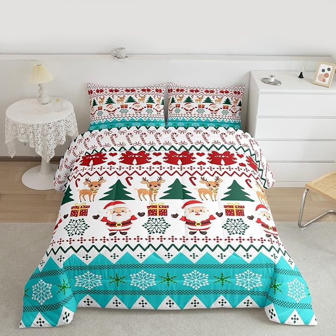 Feelyou Merry Christmas Bedding Set Soft for Boys Girls, Santa Claus Comforter Set Toddler Size Cute Deer Duvet Quilt Microfiber Snowflake Bedroom Decor 2 Pcs with 1 Pillow Cases