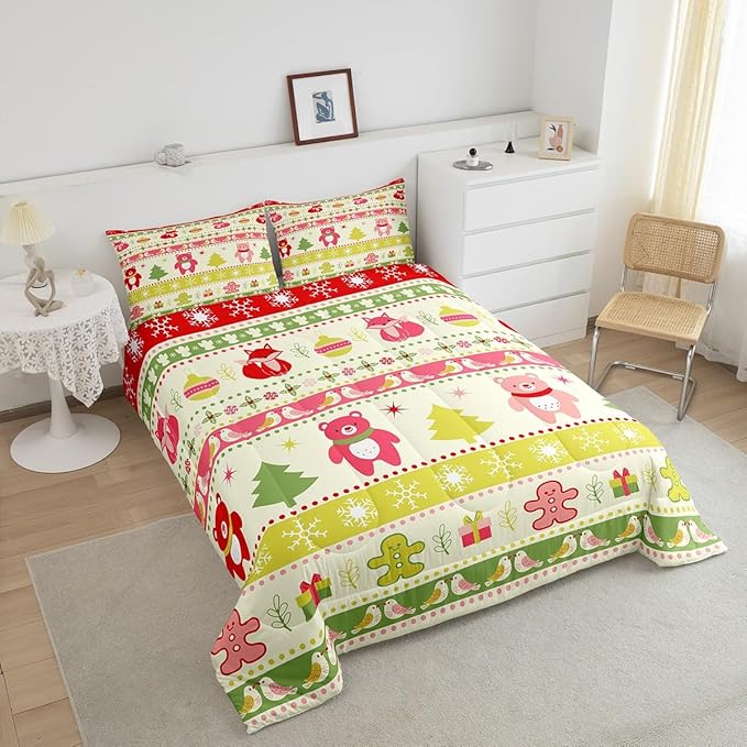Erosebridal Merry Christmas Comforter Set Kids Full Size Xmas Tree Decor Quilts Snowflake Bedding Set Cute Colourful Bear Duvet Insert with 2 Pillow Cases