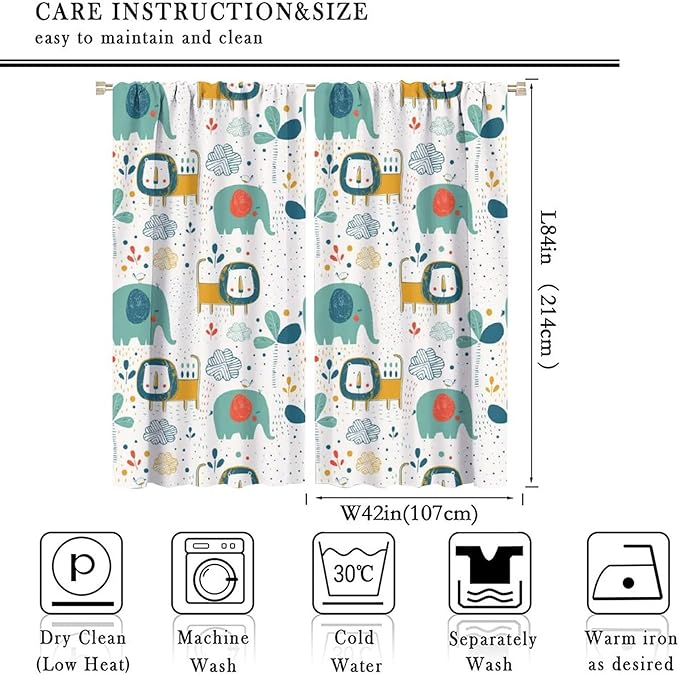 Cute Lions Blackout Curtains for Kids Bedroom,Cartoon Tropical Plants Birds Elephants Print Pattern Window Drapes,Funny Animal Thermal Insulation Curtain for Nursery Baby Room 84x84in
