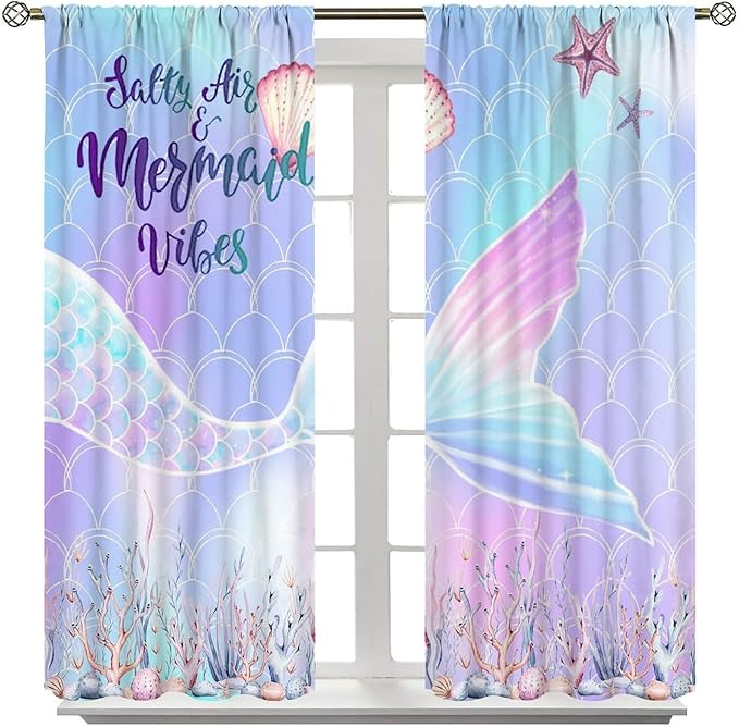 Fantasy Mermaid Curtain Colorful Rainbow Fish Tail Ocean Theme Beautiful Kids Window Treatment for Girls Bedroom Nursery Room Decor Rod Pocket Window Drapes 42x54in