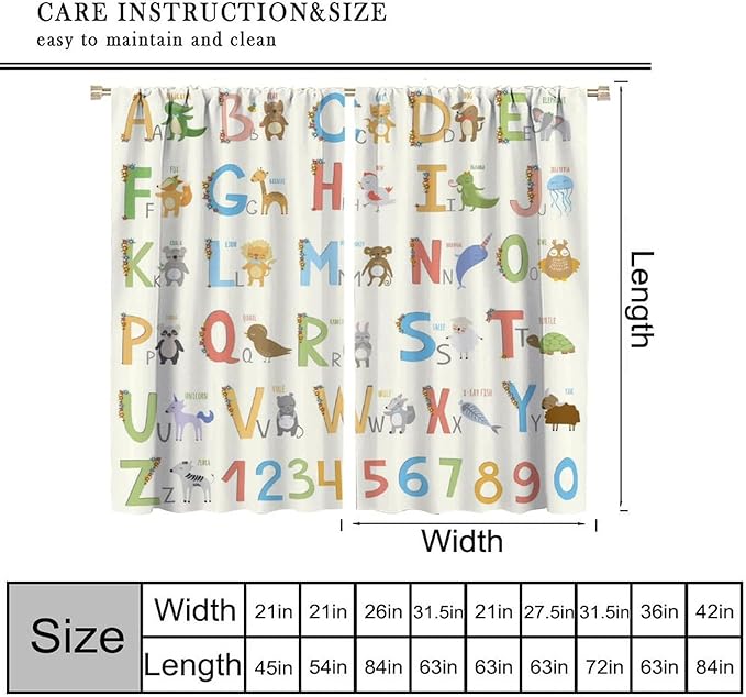 Kids Alphabet Curtains Funny Letter Education Cute Cartoon Animal Printed Curtain with Rod Pocket for Bedroom Living Room Home Decor Drapes Window Treatments 2 Panels Set 63" W X 72" L