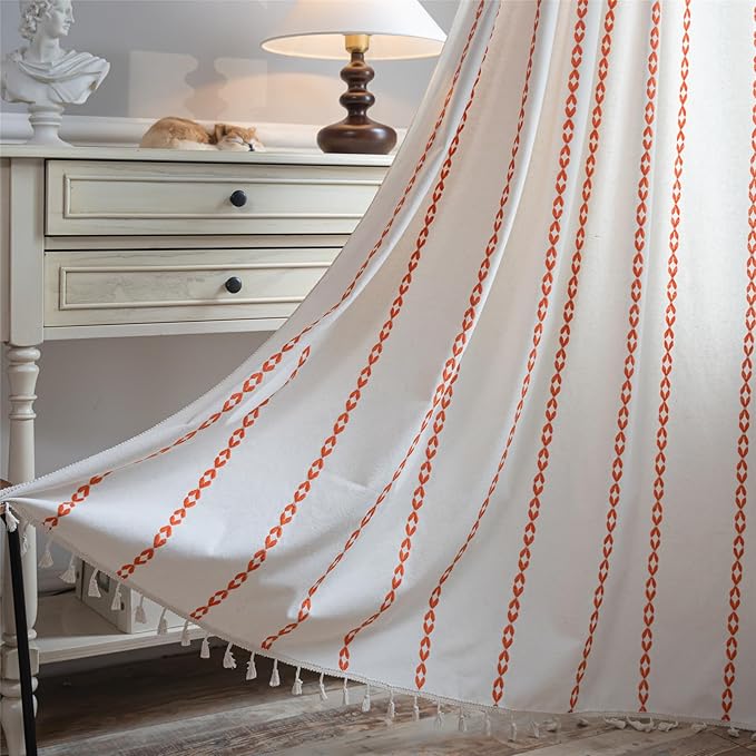 Deeprove Rust Orange Boho Curtains 72 inches Length for Living Room Bedroom Nursery, Vintage Chic Bohemian 72 inches Long Embroidery Farmhouse Tassel Privacy Window Treatments W52 x L72, 1 Panel