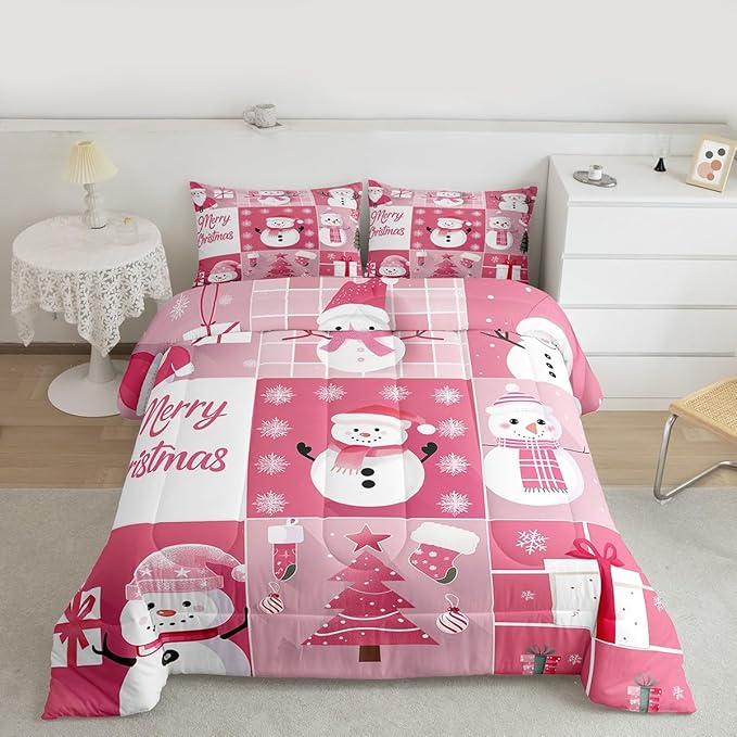 Xmas Comforter Set Queen Size,Snowman Christmas Tree Snowflake Bedding Set for Kids Boys Girls Room Decor,Pink Plaid Patchwork Duvet Insert 3Pcs,Merry Christmas Cartoon Quilt Set,2 Pillowcases