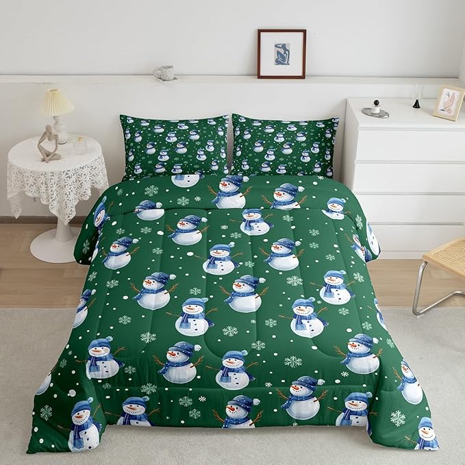 jejeloiu Kids Cute Winter Snowman Comforter Set King Size Green Christmas Theme Bedding Set for Boys Girls Teens Xmas Snowflake Happy New Year Duvet Quilt Room Decor