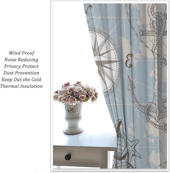 Nautical Theme Window Curtains,Pirate Sailboat Curtains for Bedroom,Conch Starfish Print Draperies for Living Room,Ocean Window Treatment Curtains Set 2 Panels,63x72 Inches
