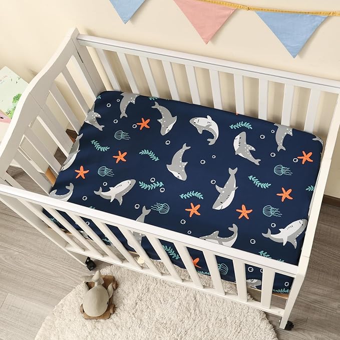 PHF 3 Pack Soft Mini Crib Sheets, Shark Pack N Play Sheets for Baby Boys, No Slip Universal Fit for Pack N Play, Playard, Portable and Mini Crib Mattresses, Shark