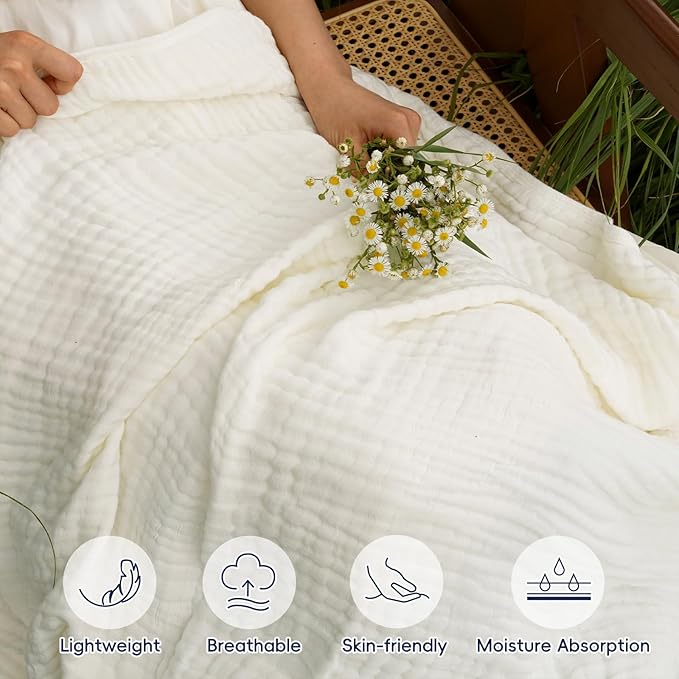 PHF Cooling Muslin Blanket Queen Size 90"x80", 6-Layer Lightweight Gauze Blanket Made from 35% Rayon Derived from Bamboo & 65% Cotton, Breathable & Ultra Soft Cozy, Aesthetic Home Decor, Snow White