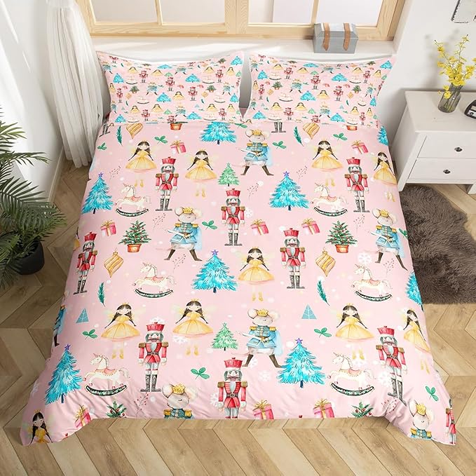 Christmas Nutcracker Decorative Comforter Cover Twin Size Cartoon Mouse Soldier Royal Guarder Princess Duvet Cover Xmas Pine Tree Snowflake Bedding Set Gifts for Kids Boys Girls 1 Pillow Case Pink