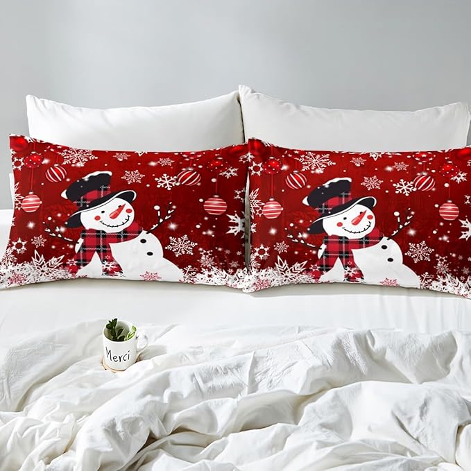 Manfei Snowman Duvet Cover Set Queen Size, Snowflake Balloon Xmas Decor Comforter Cover with 2 Pillowcases, Christmas Red Bedding Set 3pcs for Kids Boy Girls Lightweight Bedspread Cover,No Comforter