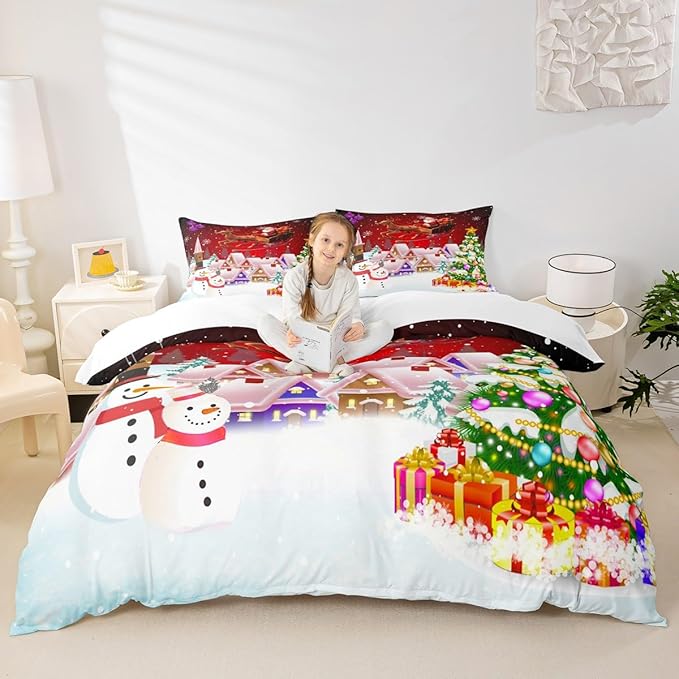 Manfei Christmas Duvet Cover Set Queen Size, Snowman Xmas Tree Bedding Set for Kids Boys Girls, Santa Claus with Reindeer Comforter Cover New Year Theme Quilt Cover with 2 Pillowcases, No Comforter