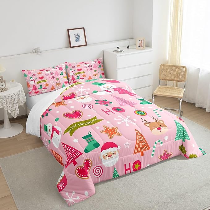 Manfei Merry Christmas Kids Comforter Set Twin Size,Cute Santa Claus Snowman Deer Bedding Set,Boys Girls Adults Room Decor,Snowflake Christmas Trees Down Comforter,Pink Xmas Duvet Insert,1 Pillowcase