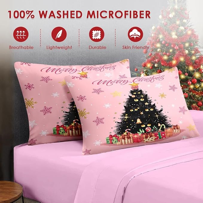 5 Pcs Twin Size Christmas Comforter Set with Pillowcase & Sham, Black Cat Xmas Trees Bedding for Kids and Adults, Pink Snowflakes Bed in a Bag with Flat Fitted Sheet