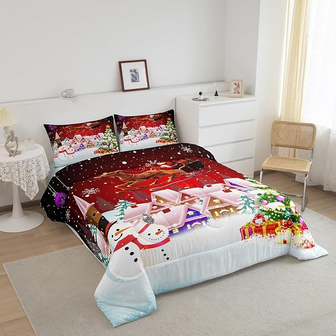 Manfei Christmas Comforter Set Queen Size, Snowman Xmas Tree Bedding Set 3pcs for Kids Boys Girls Room Decor, Santa Claus with Reindeer Quilt Set New Year Theme Duvet Set with 2 Pillowcases