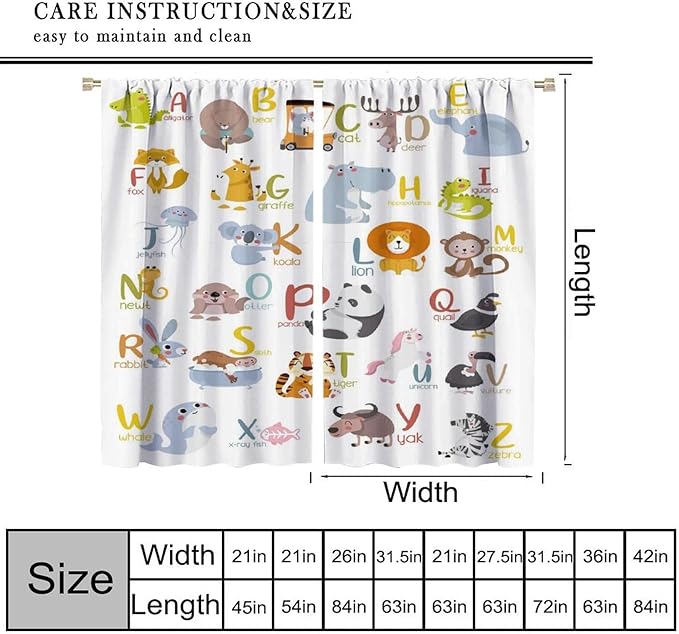 Kids Alphabet Curtains Funny Cartoon Educational Learning Cute Animal Zebra Curtain with Rod Pocket for Bedroom Living Room Decor Drapes Window Treatments 2 Panels Set 42" W X 45" L