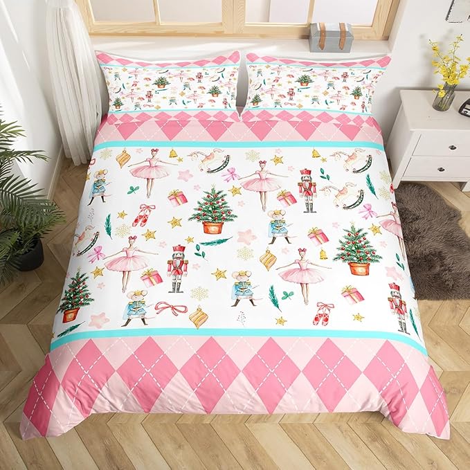 Feelyou Nutcracker Christmas Pink Comforter Cover Queen Size Xmas Royal Guarder Ballet Princess Duvet Cover New Year Pink Buffalo Plaid Bedding Set Gifts for Kids Boys Girls 2 Pillow Cases