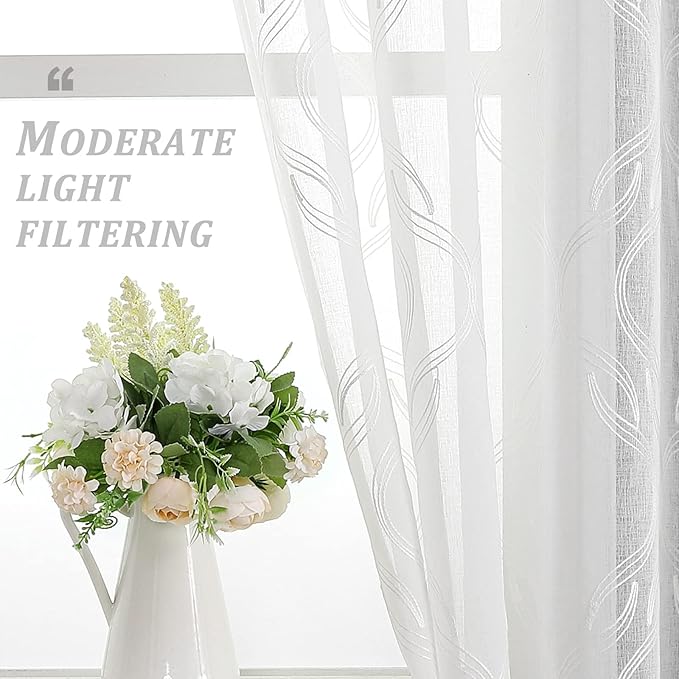 VISIONTEX Sheer Curtains 120 Inches Long 2 Panels Set, White Moroccan Embroidery Texture Geometric Rod Pocket White Voile Tulle Semi Window Treatment Pair for Bedroom, W54 x L120