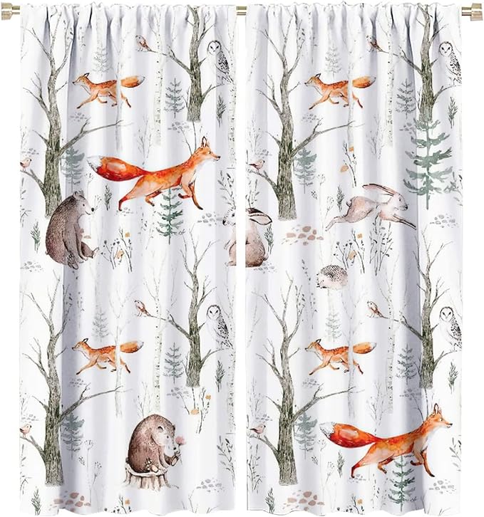 Rustic Forest Window Curtains, Watercolor Woodland Animals Owl Hedgehog Fox Butterfly Forest Squirrel and Bear Blackout Windows Door Curtain for Bedroom Living Room Home Decor 55x63in
