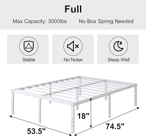 18 Inch Full Size Bed Frame Heavy Duty Metal Platform No Box Spring Needed, Maximum Storage, Easy Assembly, Noise Free, White