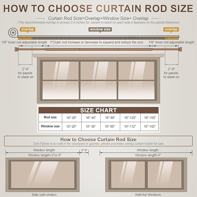 Modern Brown Curtain Rods for Windows 28 to 48 Inches Adjustable Length Heavy Duty 1" Diameter Window Curtain Rod with Decorative Finials for Outdoor Farmhouse Bedroom Kitchen Living Room
