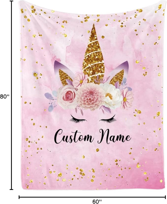 Personalized Horse Blanket with Name for Girl, Custom Name Blanket for Kids, Soft Flannel Pink Horse Toddler Blanket Customized Gift for Birthday Christmas Baby Shower Newborn Gift 60" X 80"