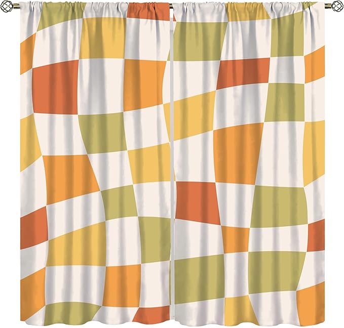 Orange Checkered Curtains,70s Vintage Twisted Checkered Window Drapes Colorful Groovy Trendy Wavy Hippie Grid Print Window Treatments for Kids Girls Bedroom Living Room Bathroom 52"W X 84"L